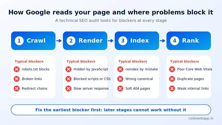 Diagram of how Google crawls, renders, indexes and ranks a page, with the technical blockers at each stage
