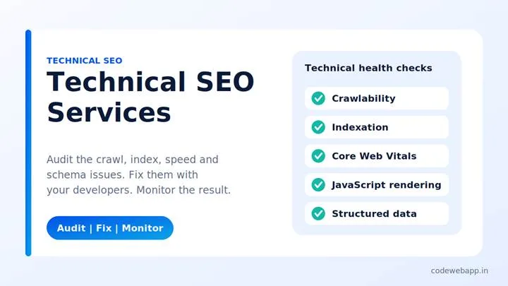 Technical SEO services dashboard showing crawlability, indexation, Core Web Vitals, JavaScript rendering and structured data checks