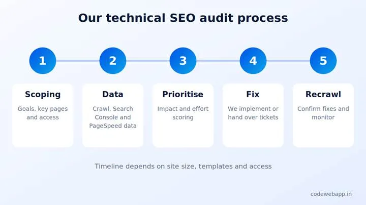 Five step technical SEO audit process: scoping, data, prioritisation, fixes and recrawl