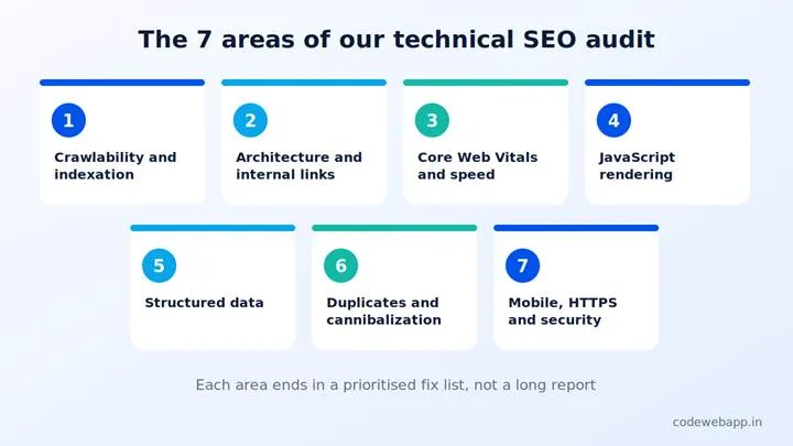 The seven areas of a technical SEO audit: crawlability, architecture, Core Web Vitals, JavaScript rendering, structured data, duplicates and mobile security